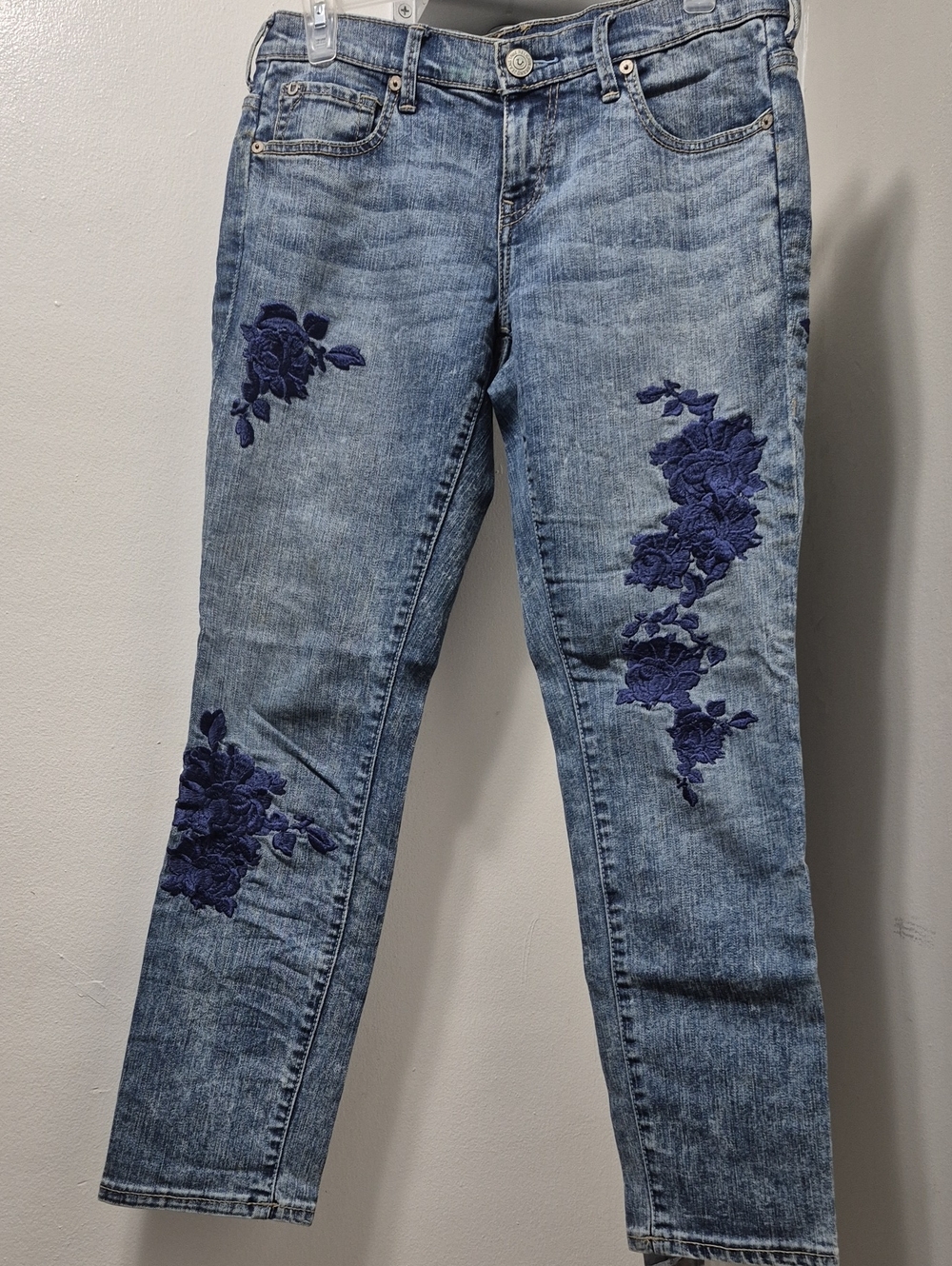 True Religion Light Blue Straight Leg Jeans with Navy Floral Embroidery